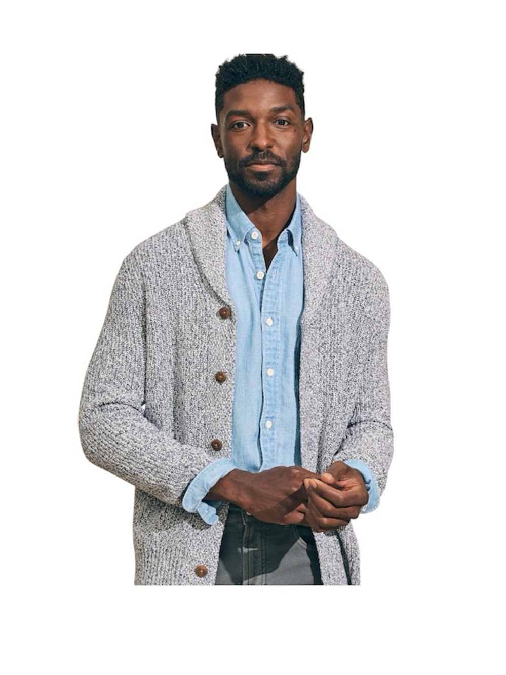 Faherty Marled Cotton Cardigan Light Grey Marl Chunky Knit Sweater Size XL